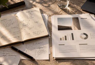 Notebook and reports with charts, notes and strategic planning on a desk.