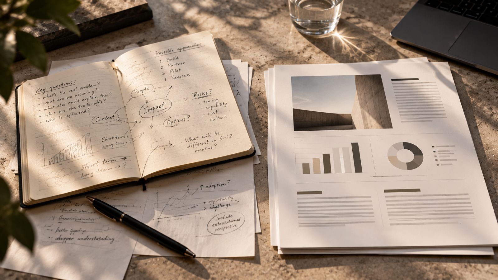 Notebook and reports with charts, notes and strategic planning on a desk.