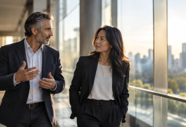 Two executives talking in a corporate setting.