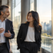 Two executives talking in a corporate setting.