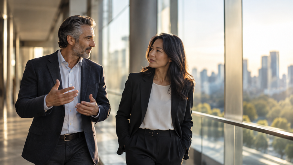 Two executives talking in a corporate setting.